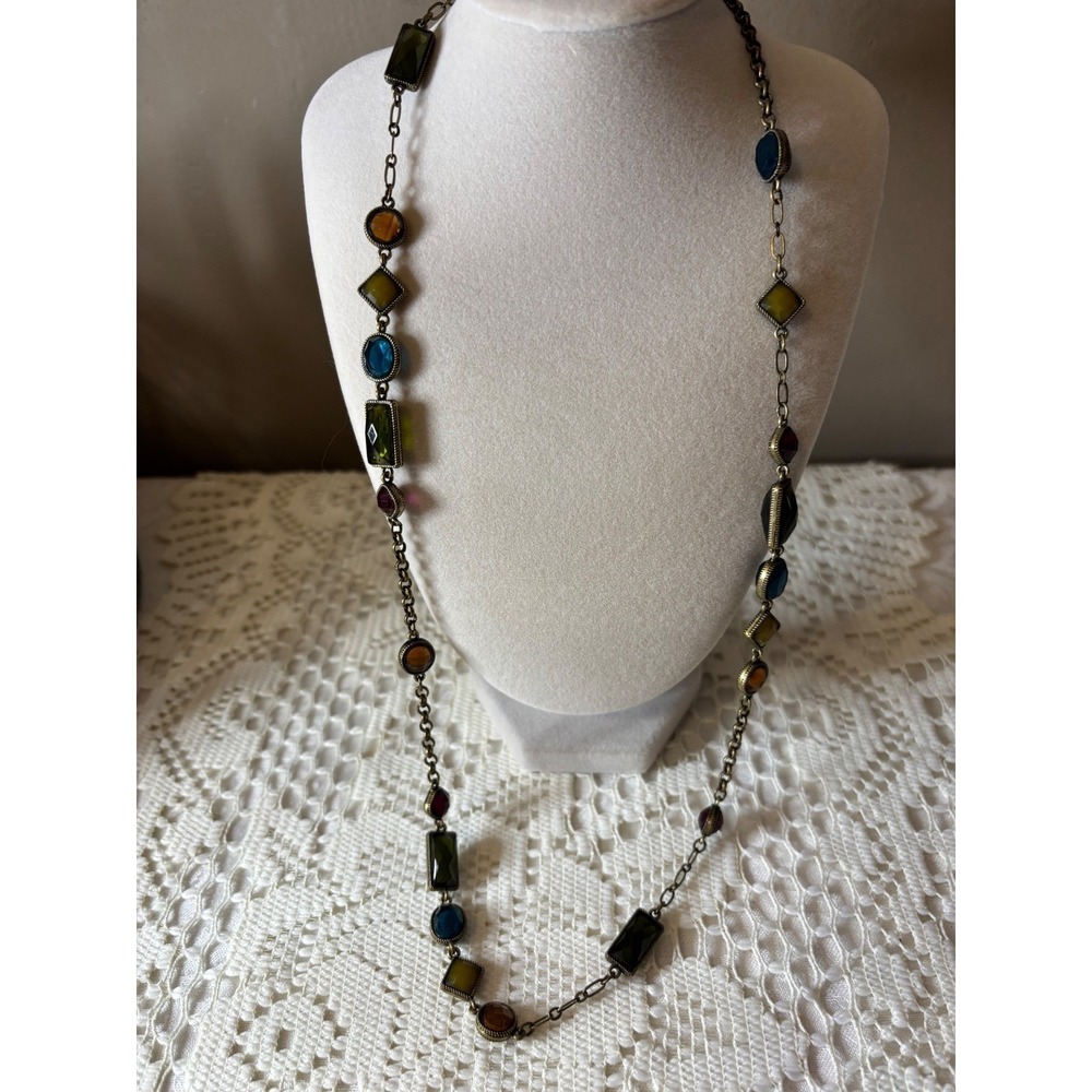 Avon N Ricci Multi Color Faux Gemstone Station Necklace Antique Brass Tone Long - Picture 2 of 9